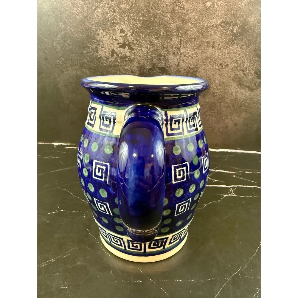 Greek Key Blue Green Stoneware 7in Tall Pitcher Heavy Boleslawiec Polish Style